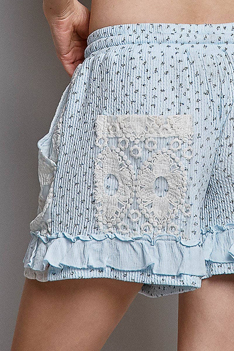 Boho Floral Knit Waistband Lace Patch Ruffle Shorts