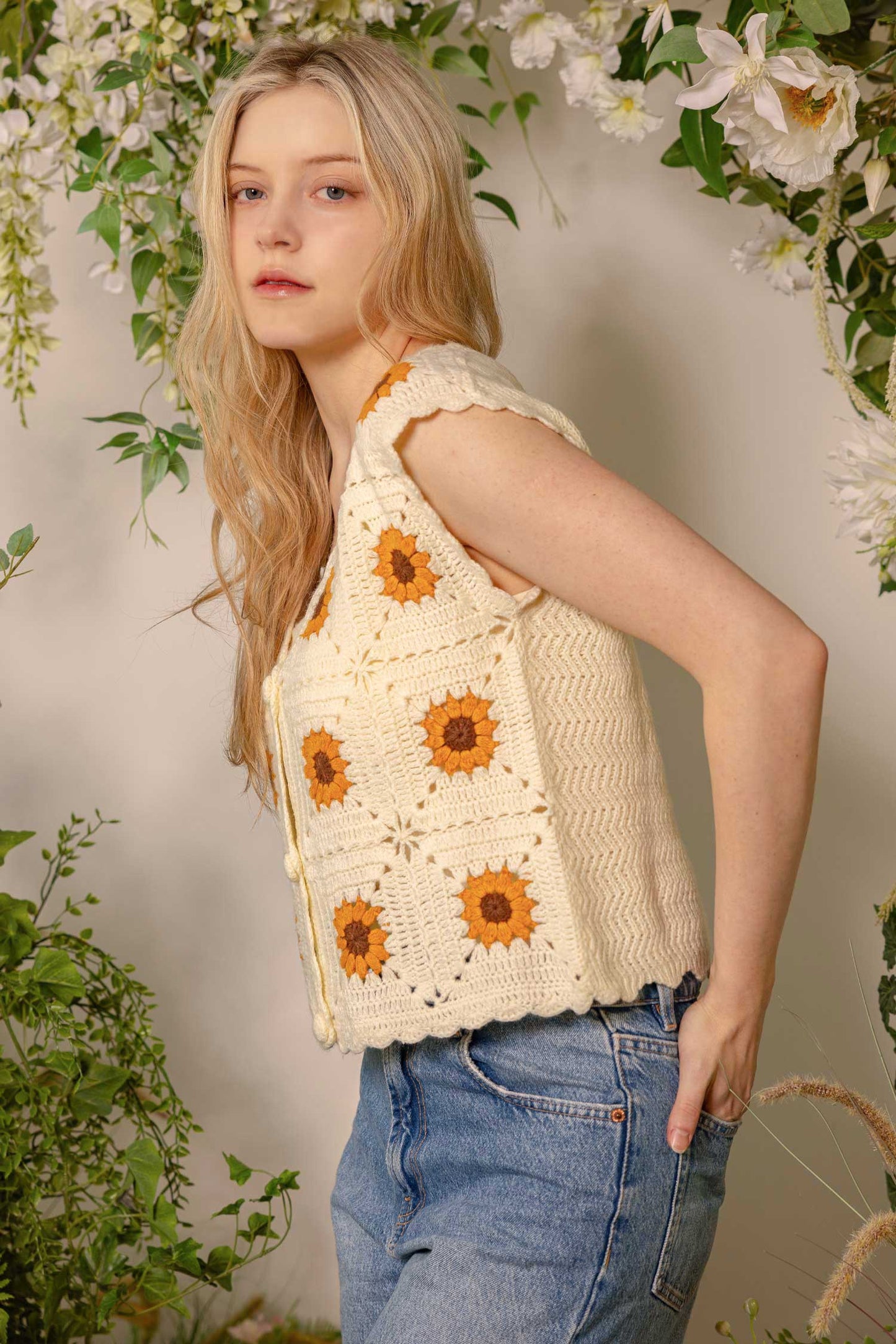 Hand Made Sunflower Embroidered Vest