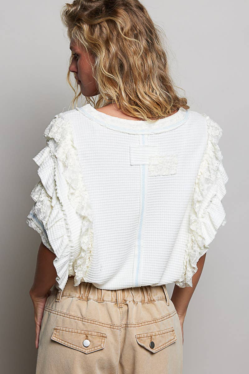 Textured Knit Ruffle Sleeve Lace Top