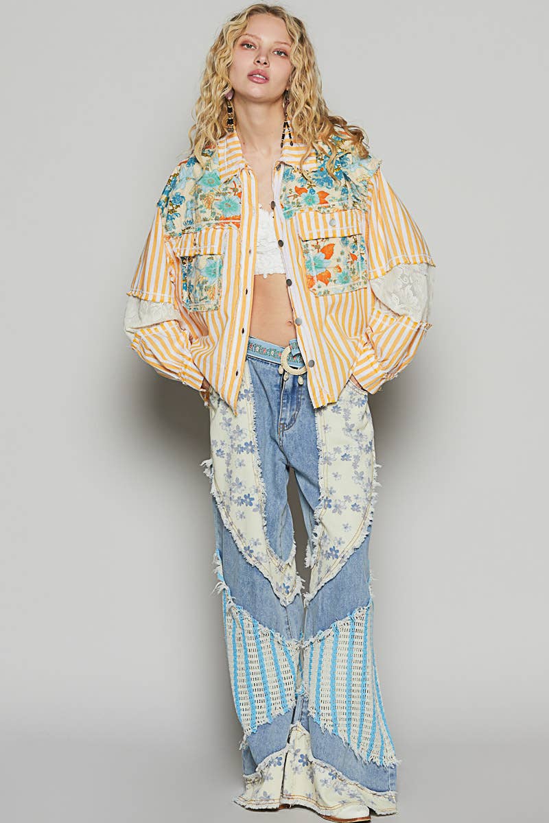 Balloon sleeve printed woven mixed denim shacket