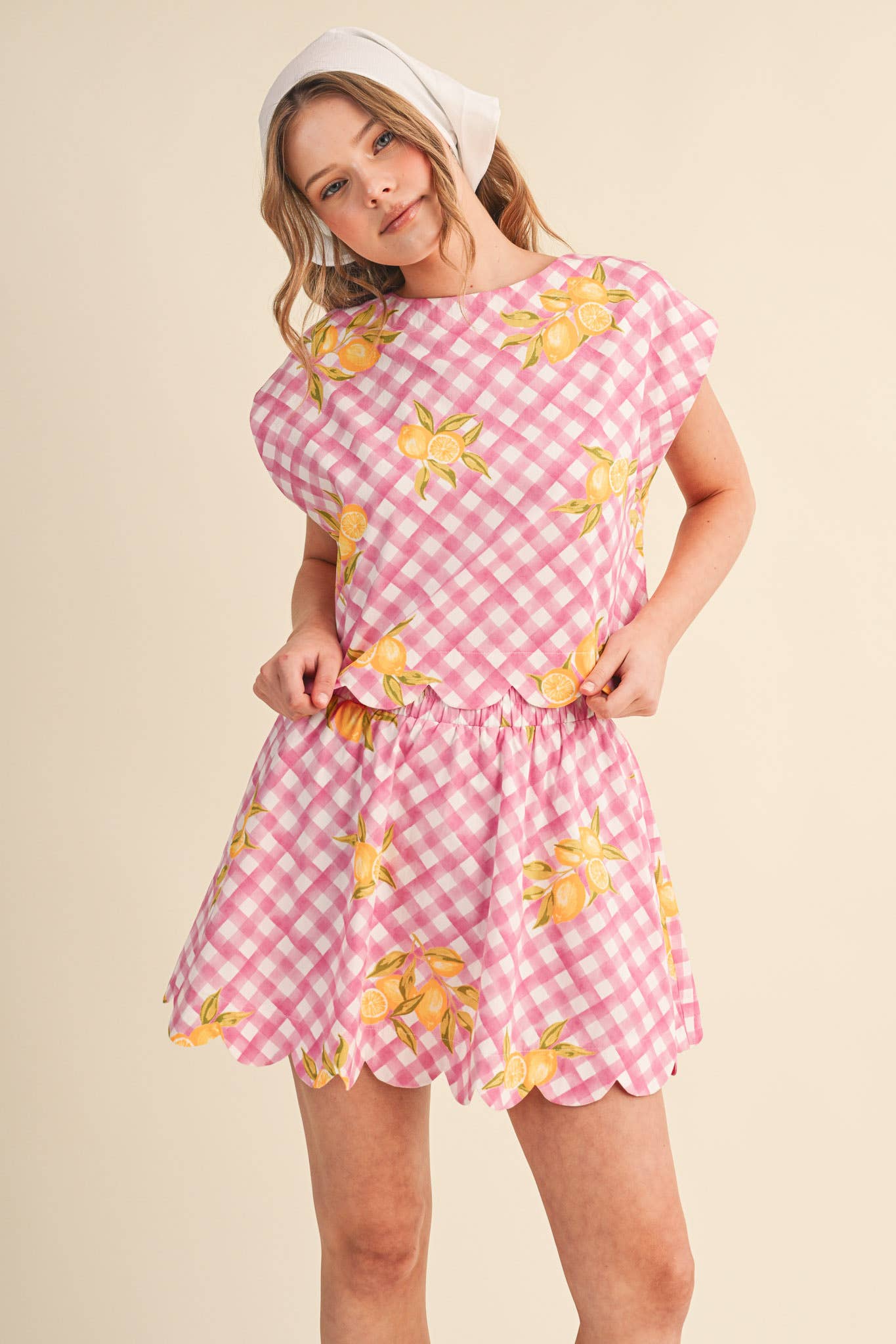 GINGHAM LEMON SCALLOPED TOP & MINI SKORT SET
