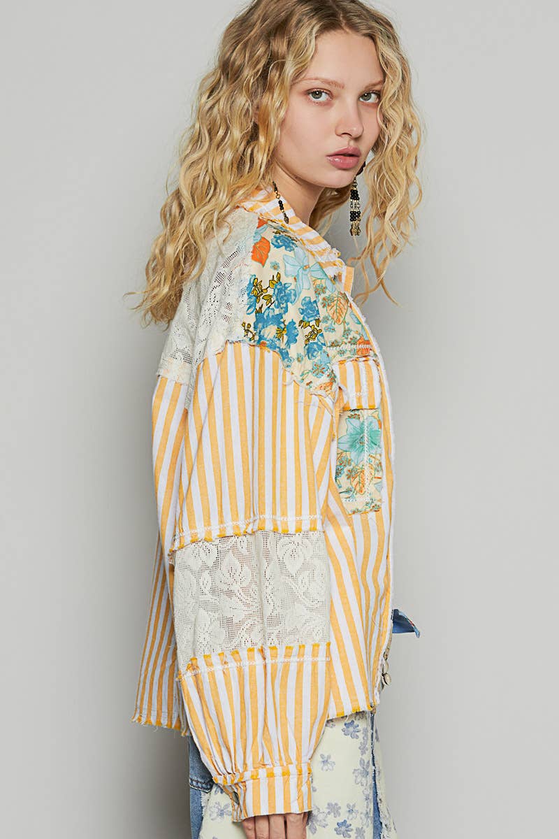 Balloon sleeve printed woven mixed denim shacket