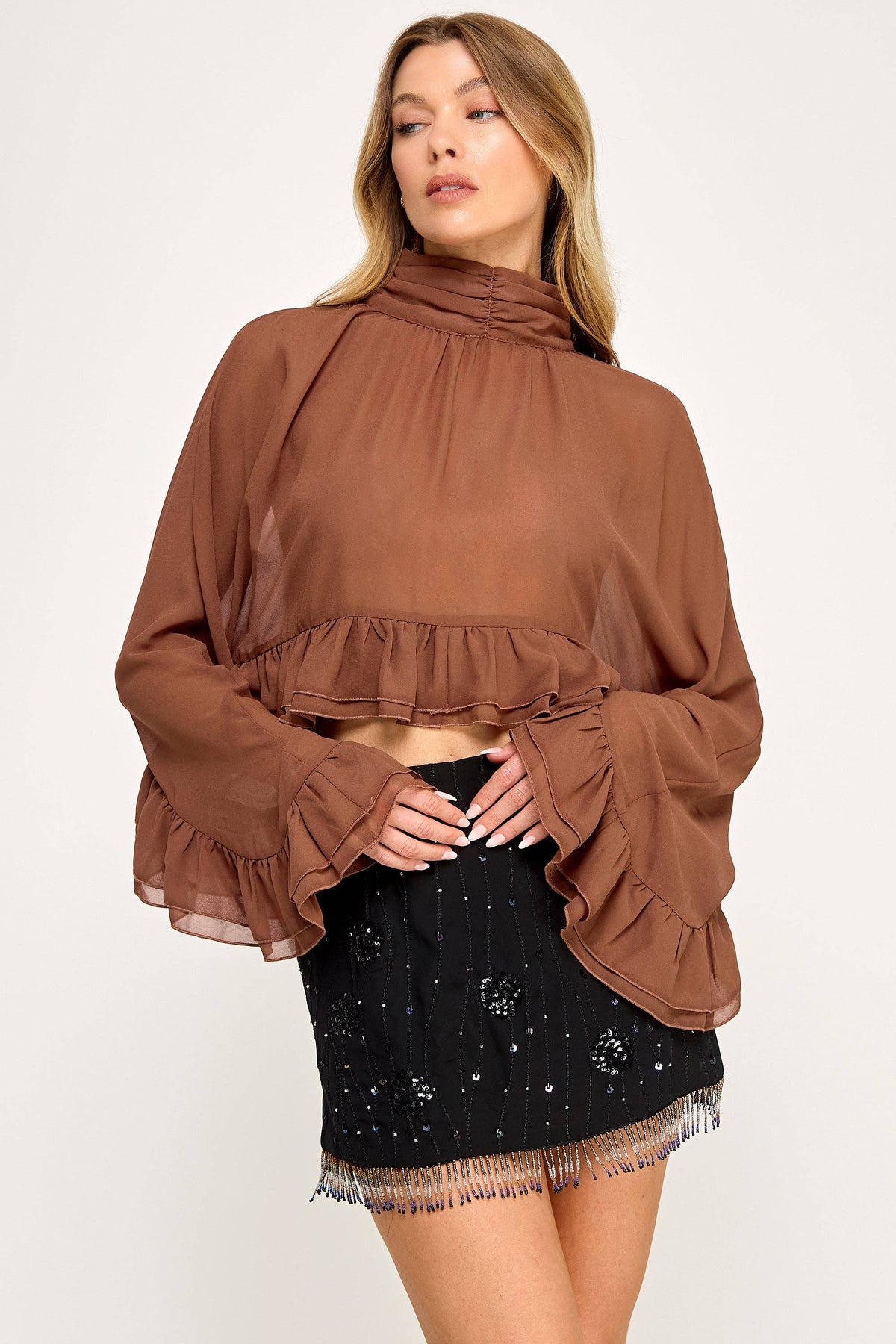 Chiffon Poncho Bell Sleeve Ruffle Crop Top
