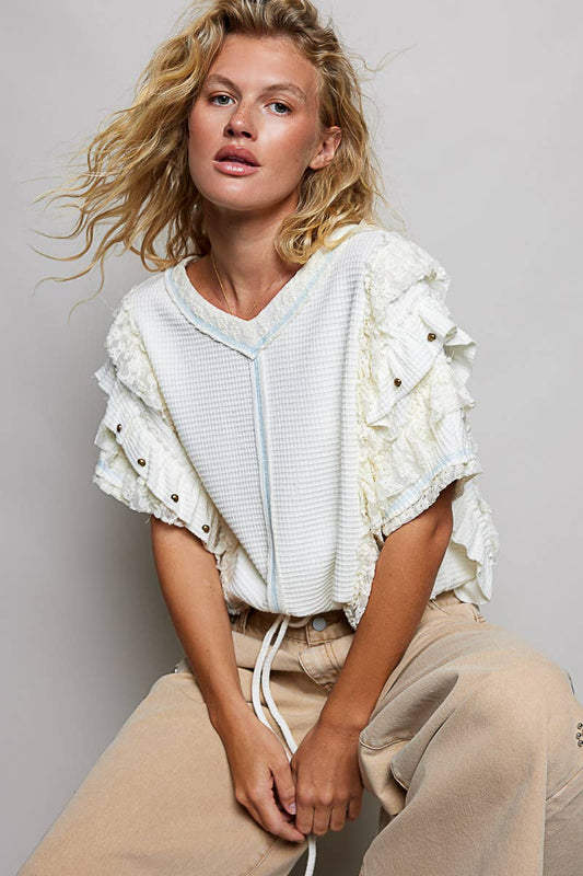 Textured Knit Ruffle Sleeve Lace Top
