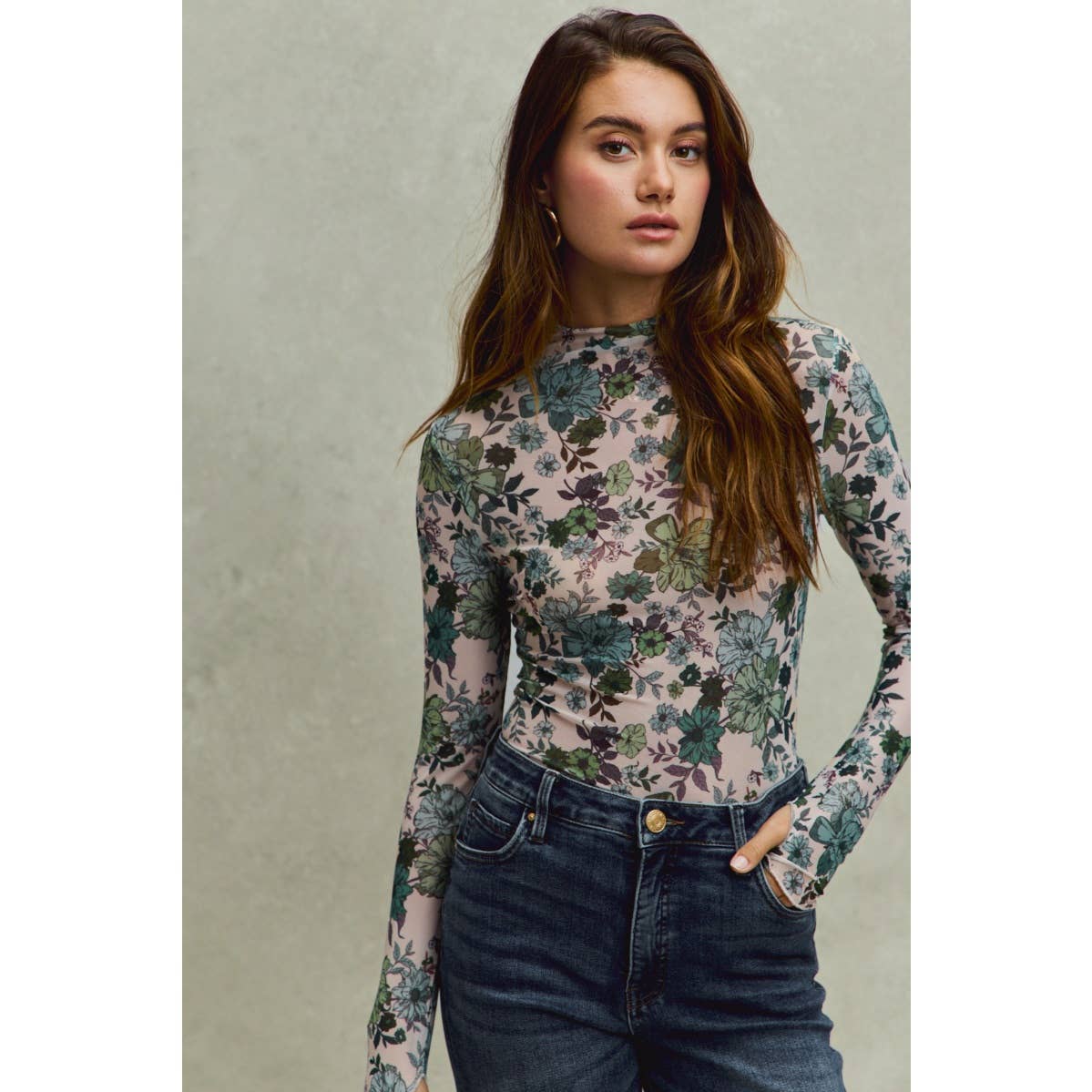 FLORAL PRINT MESH KNIT LONG SLEEVES TOP