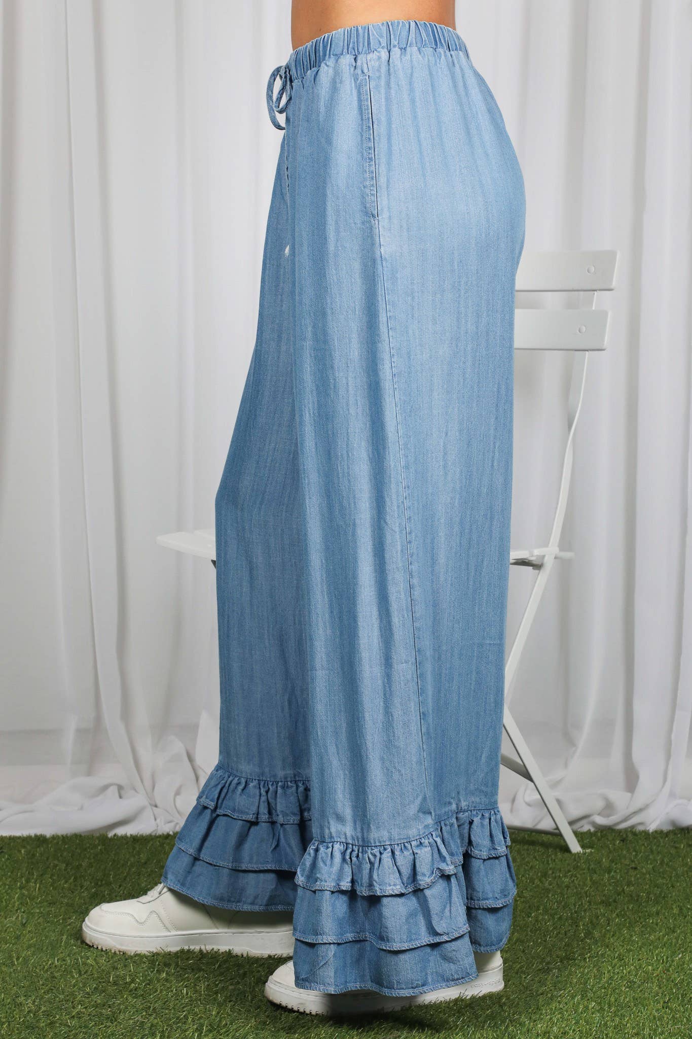 Casual Flared Ruffle Hem Chambray Washed Denim Pants