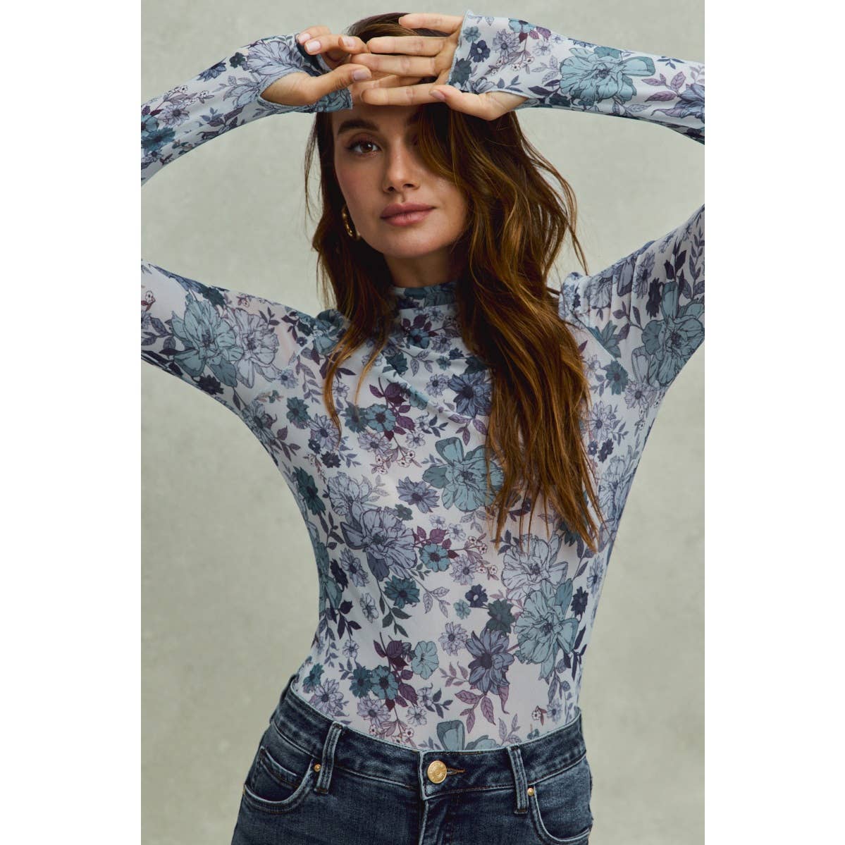 FLORAL PRINT MESH KNIT LONG SLEEVES TOP
