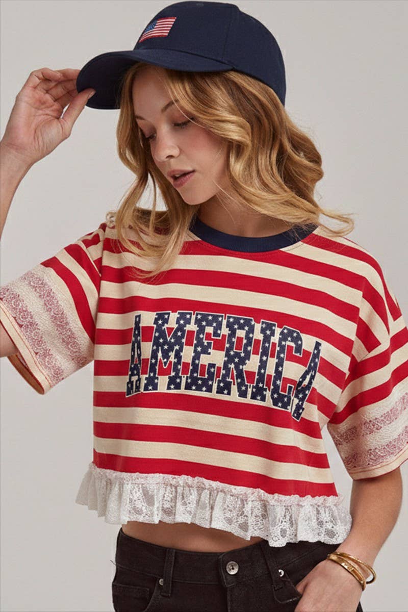 STRIPED AMERICA LETTERING PRINT 4TH OF JULY TOP WITH LACE