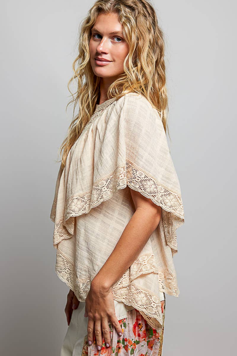 Lace Trim V Ruffle Detail Textured Woven Short Sleeve Top