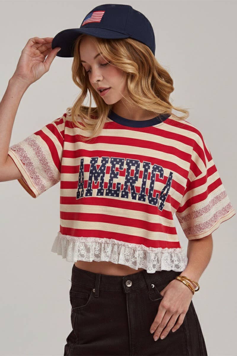 STRIPED AMERICA LETTERING PRINT 4TH OF JULY TOP WITH LACE