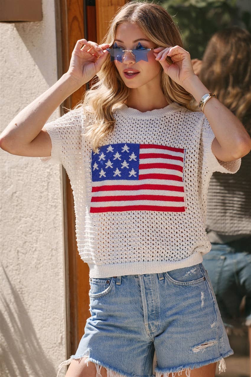 AMERICAN FLAG 4TH OF JULY LOW GAUGE SWEATER TOP
