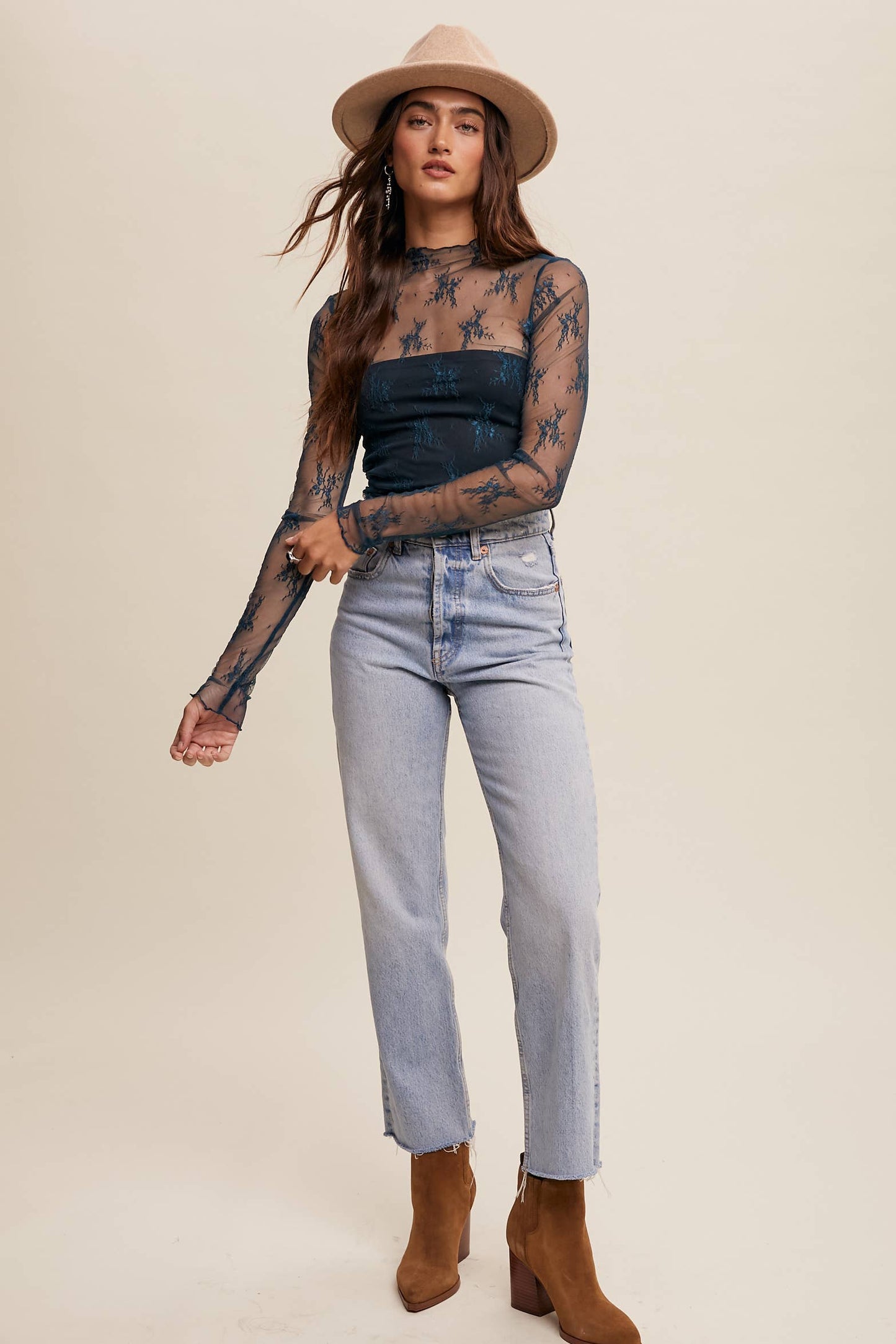Sheer Lace Long-Sleeve Top