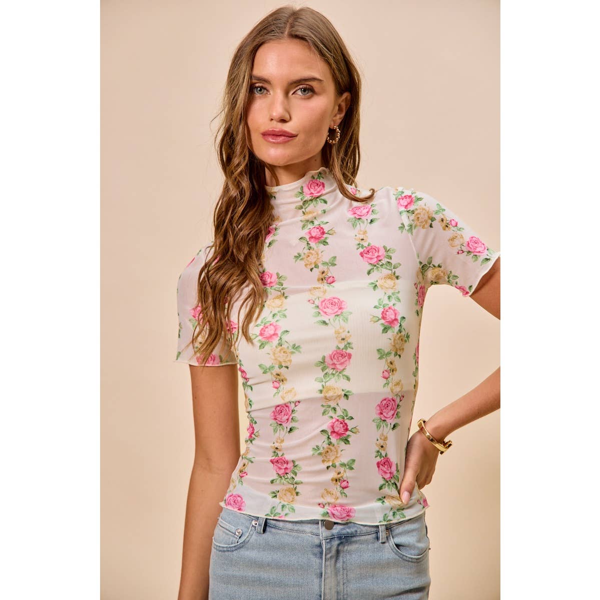 FLORAL ROSE PRINT SHORT SLEEVES MESH TOP
