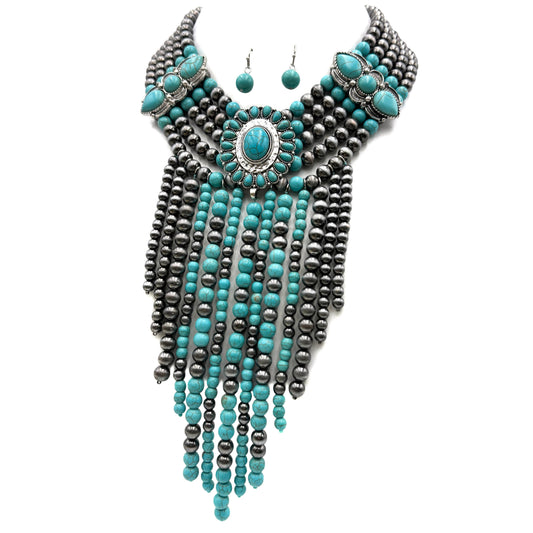 Western Fringe Navajo Turquoise Beads Statement Necklace