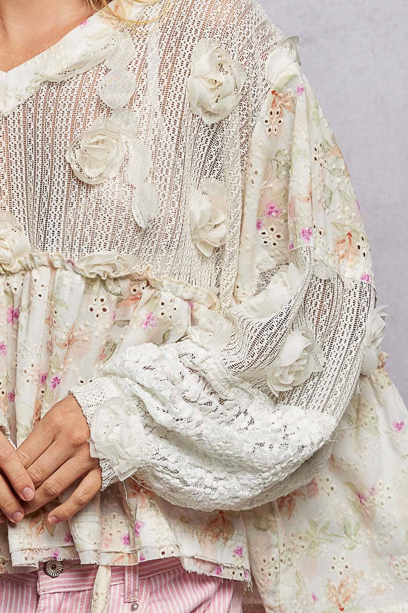 Eyelet Ruffle Balloon Sleeve Top