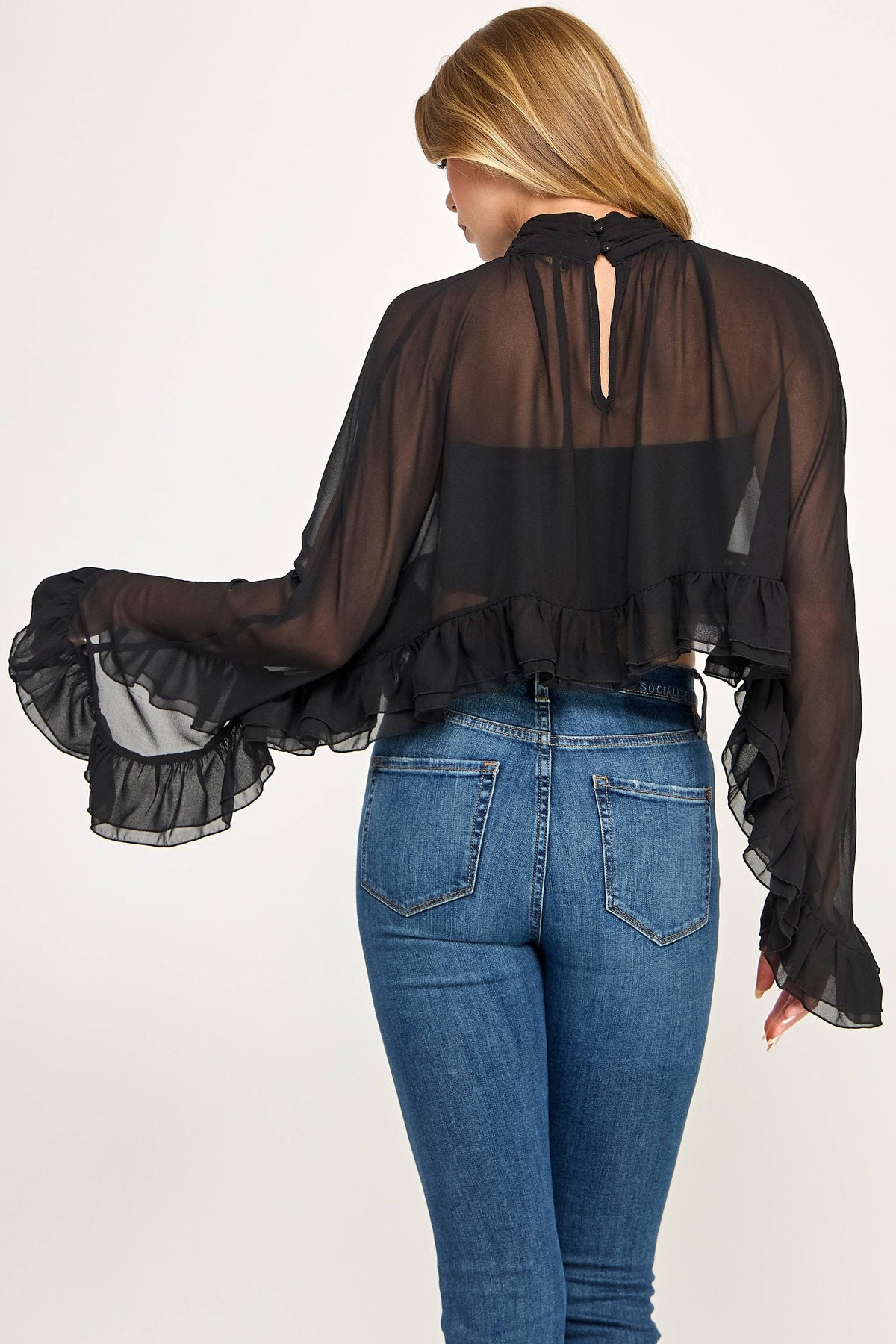 Chiffon Poncho Bell Sleeve Ruffle Crop Top