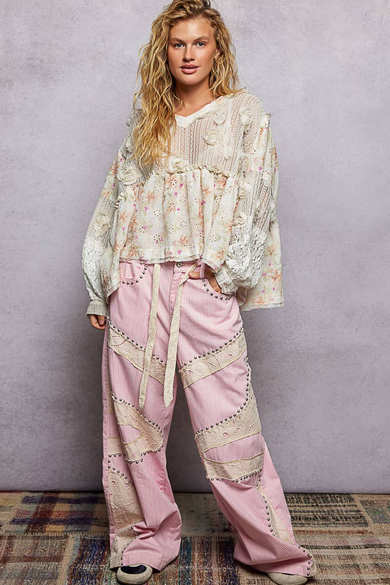 Eyelet Ruffle Balloon Sleeve Top