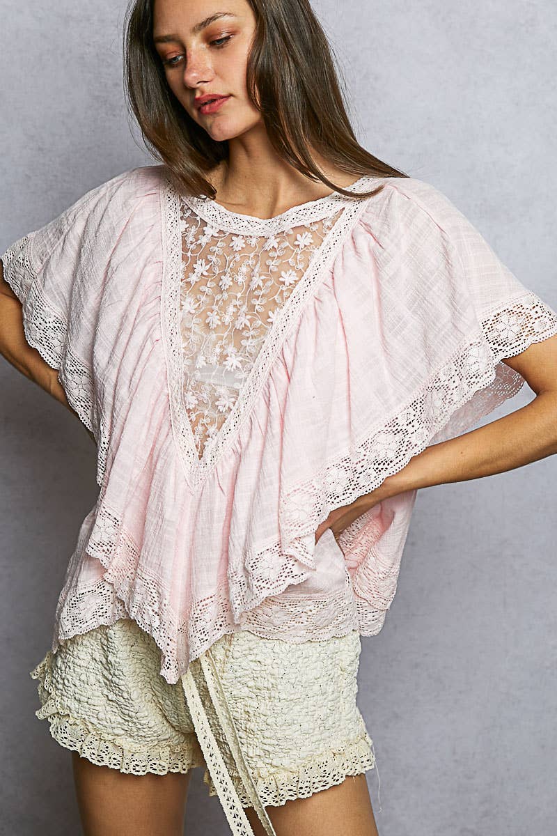 Lace Trim V Ruffle Detail Textured Woven Short Sleeve Top