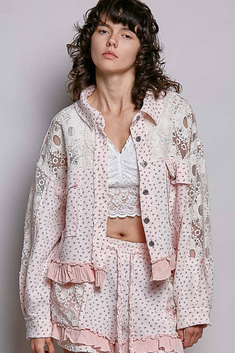 Floral Knit Balloon Sleeve Lace Patch Jacket Top