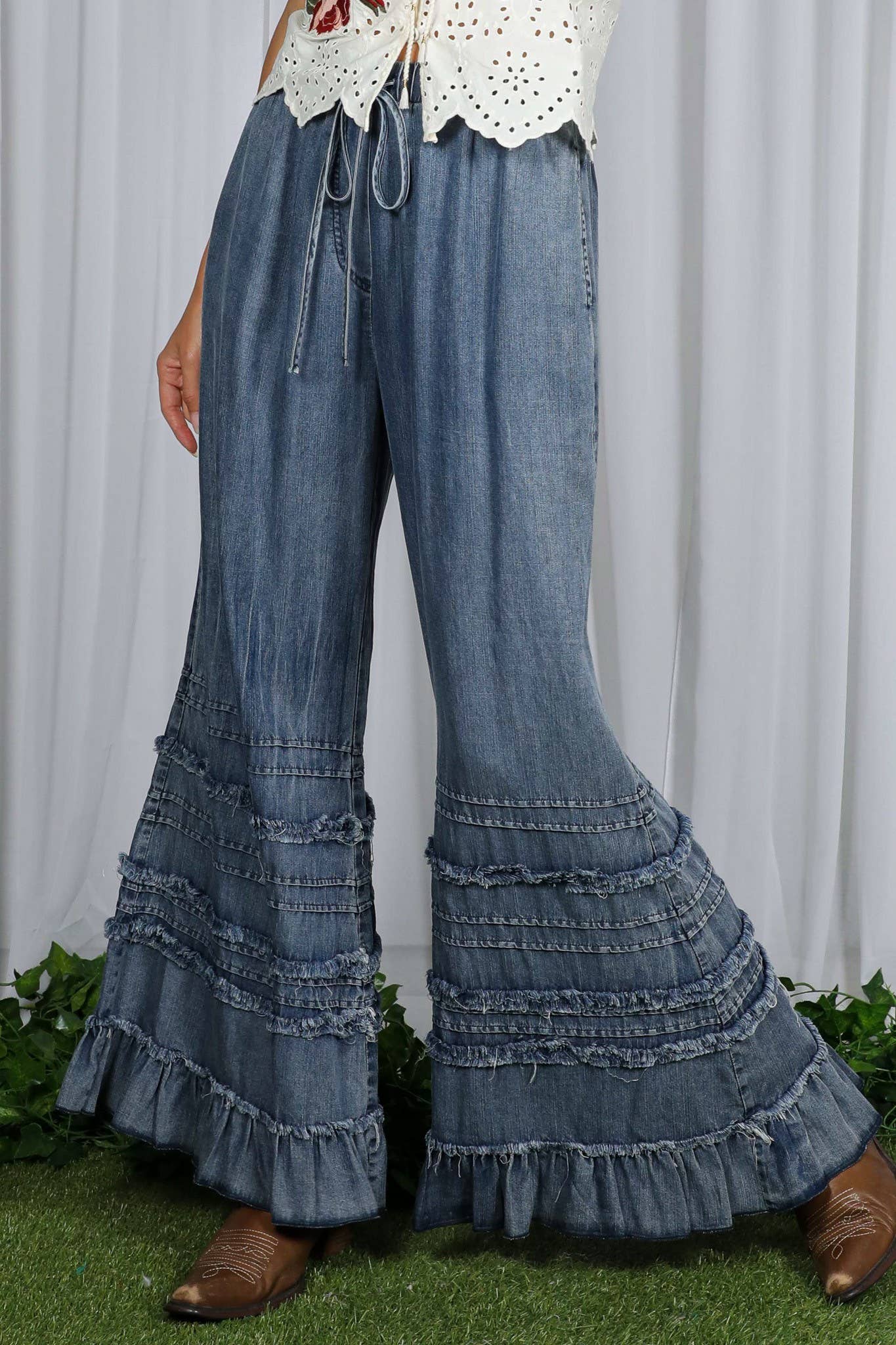 Flared Ruffle Hem Washed Chambray Crop Denim Pants