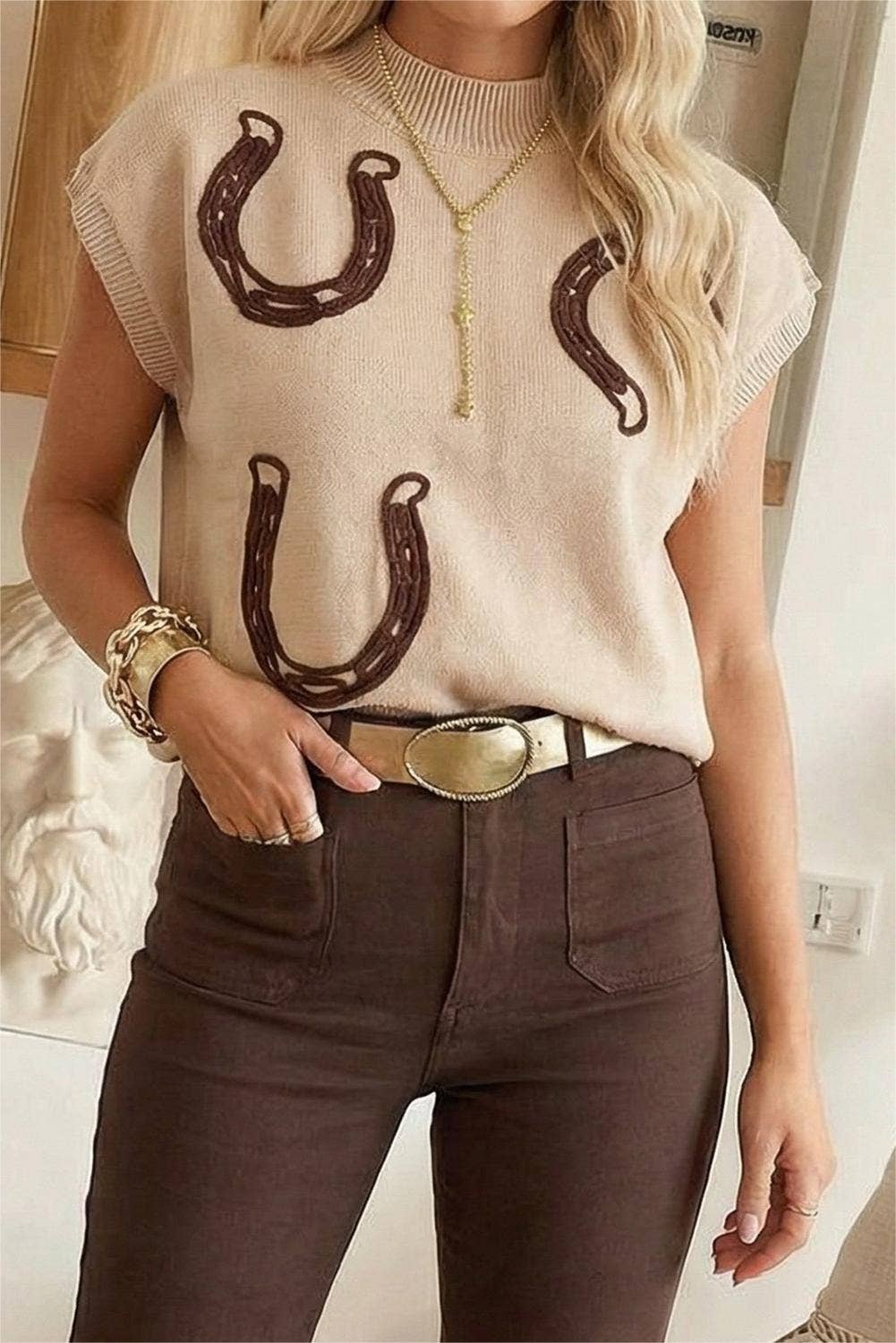 Spring 2026 Cowgirl Horseshoe Mock Neck Knit Top (S-XL)