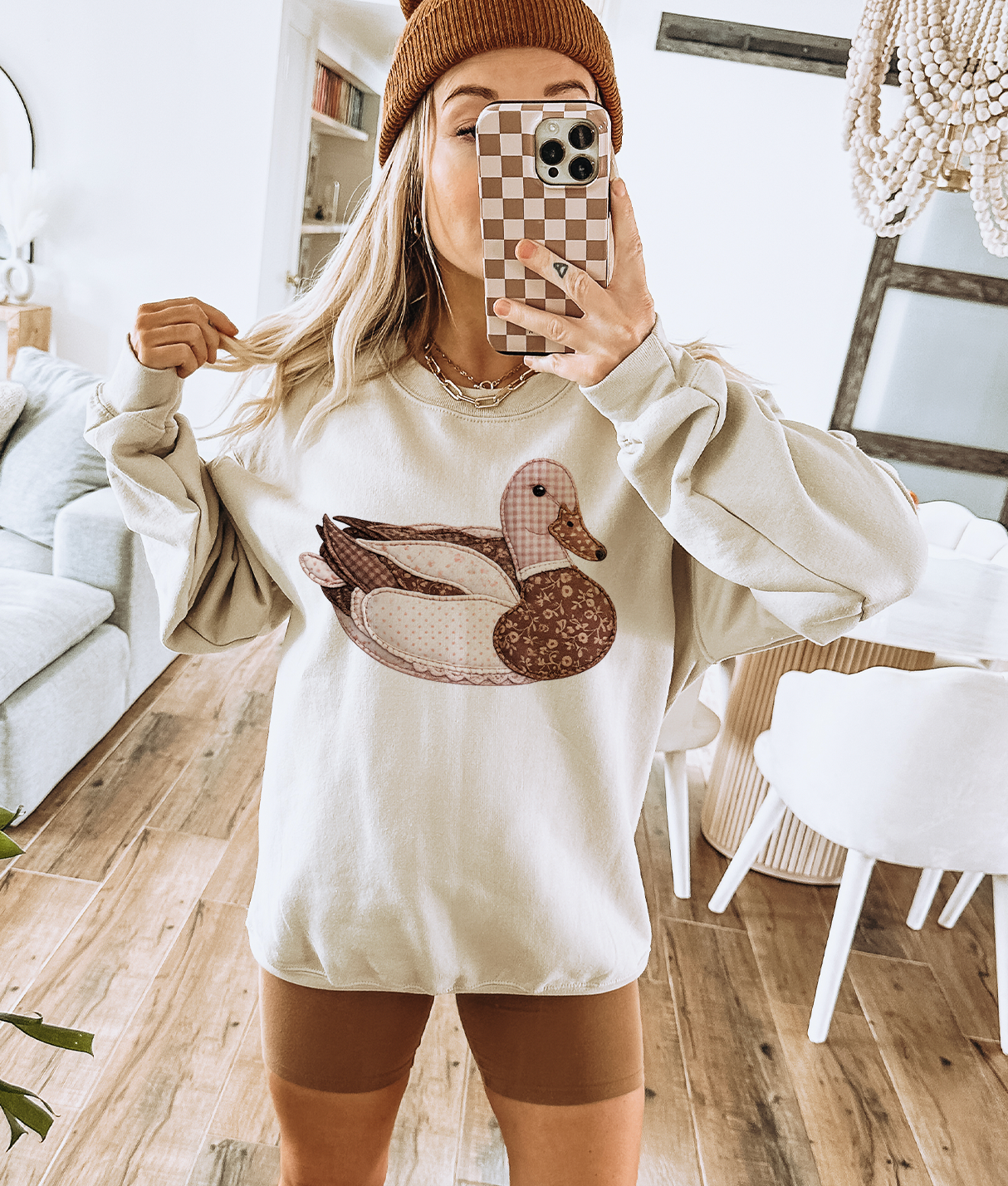 Mimis Vintage Faux Patchwork Brown Duck - Cream - Sweatshirts & T-Shirts