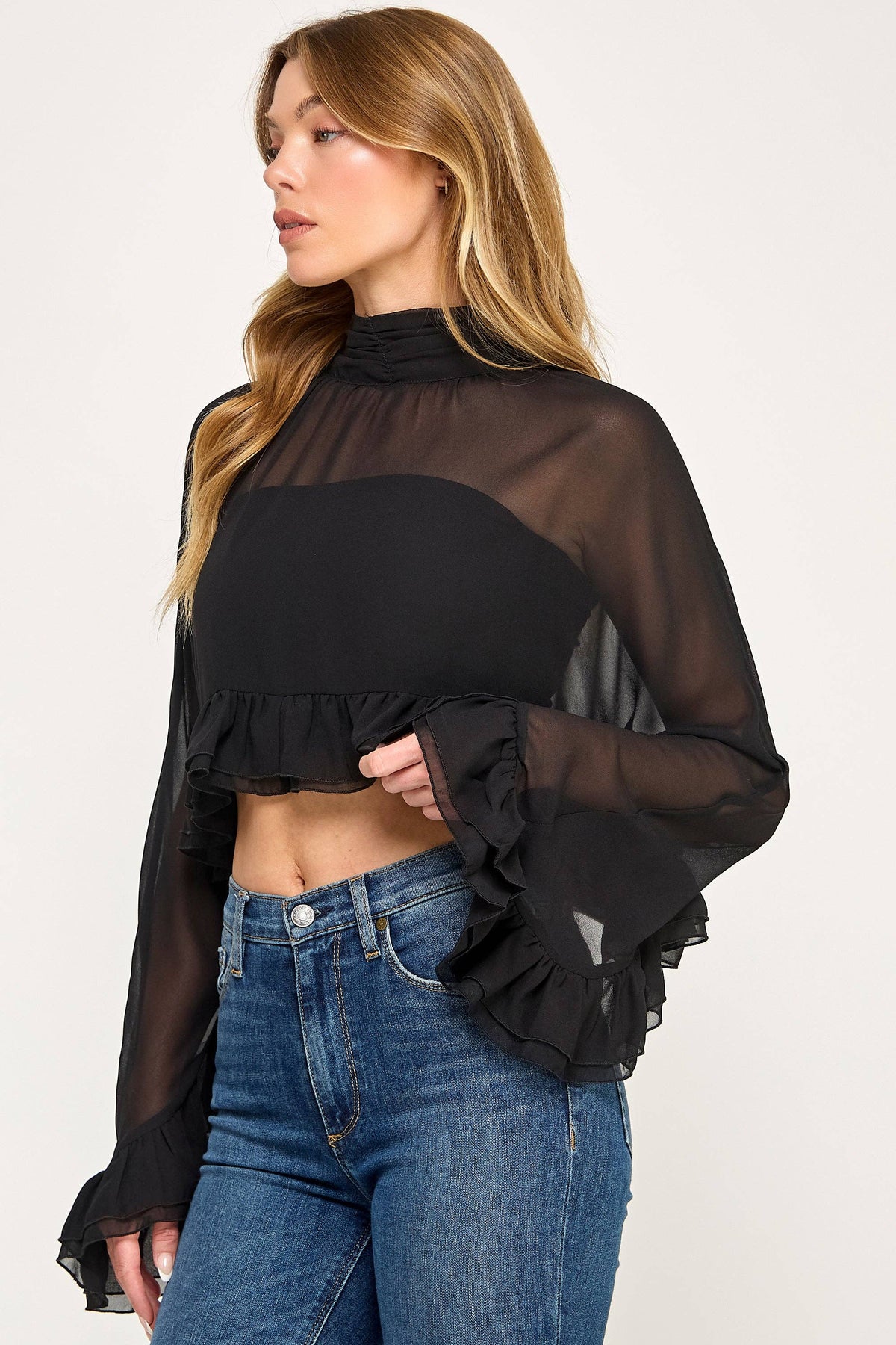 Chiffon Poncho Bell Sleeve Ruffle Crop Top