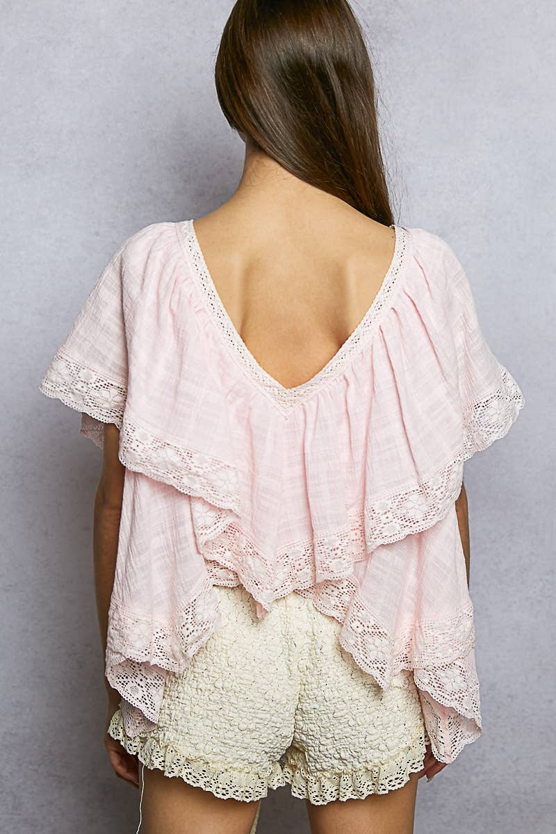 Lace Trim V Ruffle Detail Textured Woven Short Sleeve Top