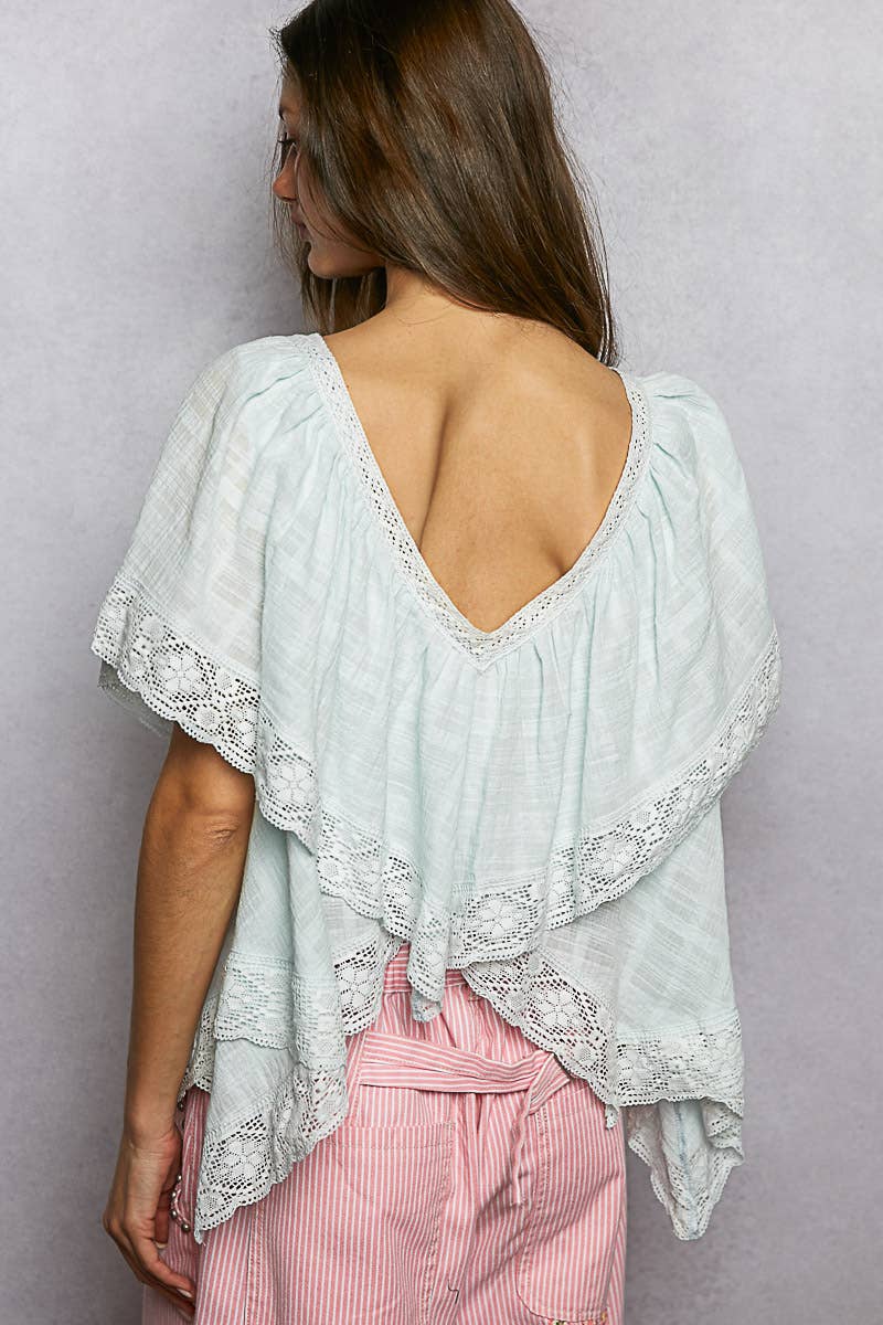 Lace Trim V Ruffle Detail Textured Woven Short Sleeve Top