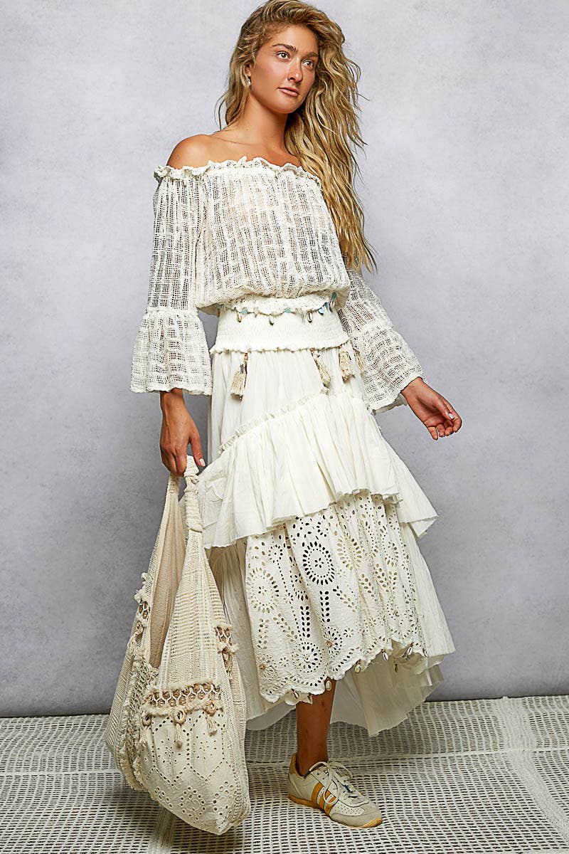 Eyelet Patch Reverse Ruffle Tassel Solid Maxi Skirt