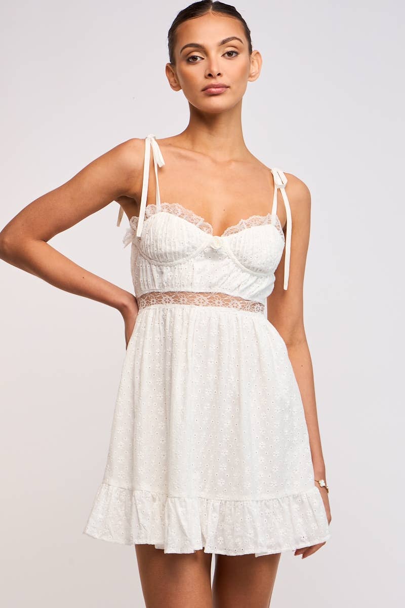 EYELET TIE STRAP SEE-THROUGH LACE TRIM MINI DRESS