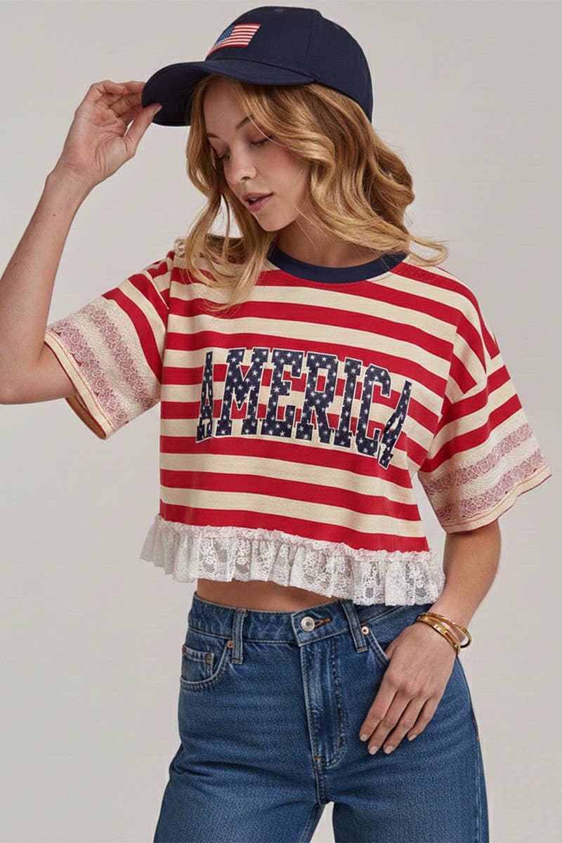 STRIPED AMERICA LETTERING PRINT 4TH OF JULY TOP WITH LACE