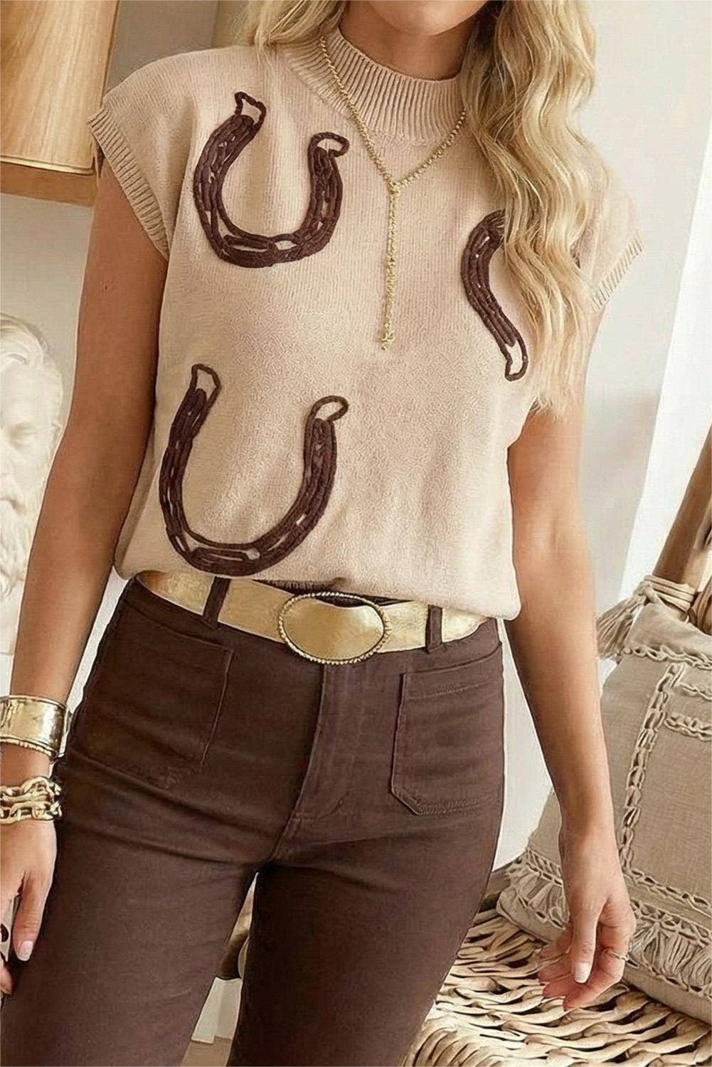 Spring 2026 Cowgirl Horseshoe Mock Neck Knit Top (S-XL)