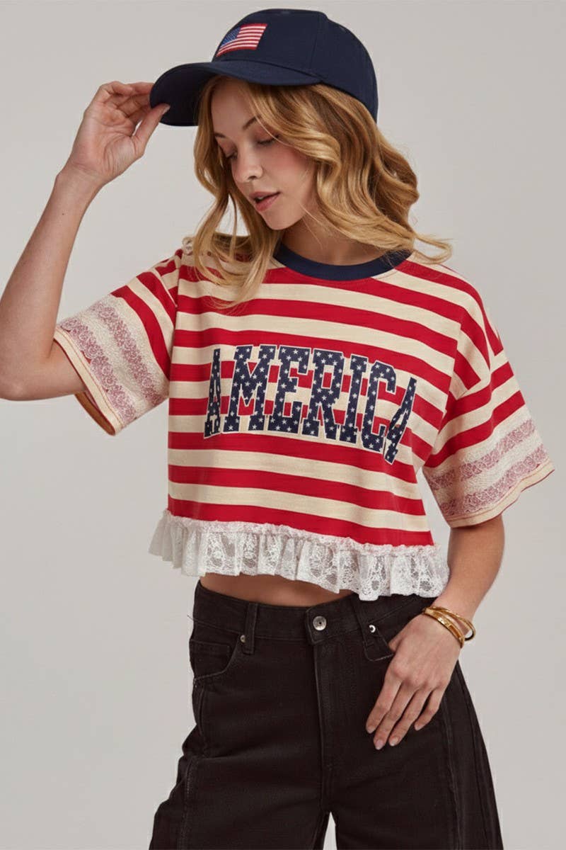 STRIPED AMERICA LETTERING PRINT 4TH OF JULY TOP WITH LACE
