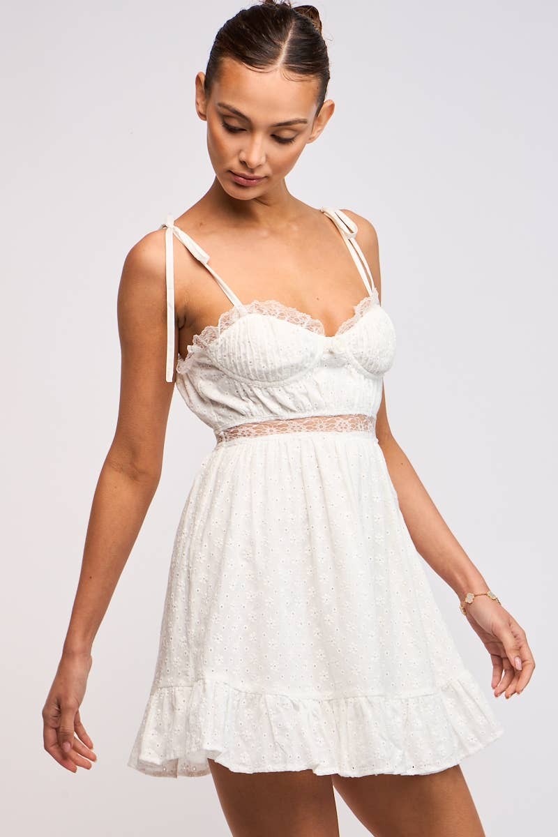 EYELET TIE STRAP SEE-THROUGH LACE TRIM MINI DRESS
