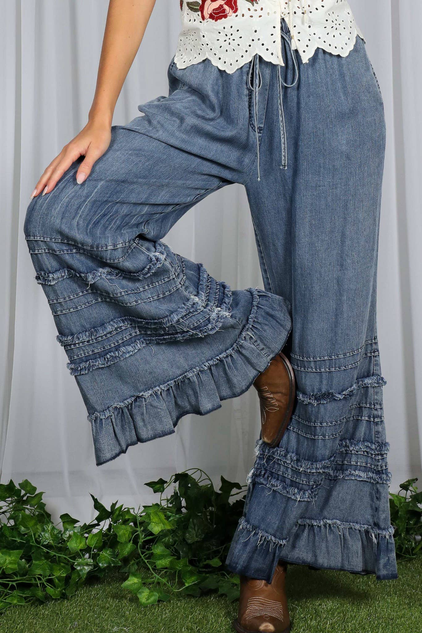 Flared Ruffle Hem Washed Chambray Crop Denim Pants