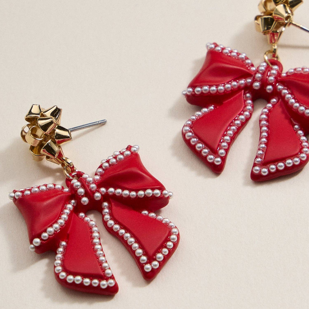 Christmas Bow Enamel | Pearl Trimmed Dangling Earrings