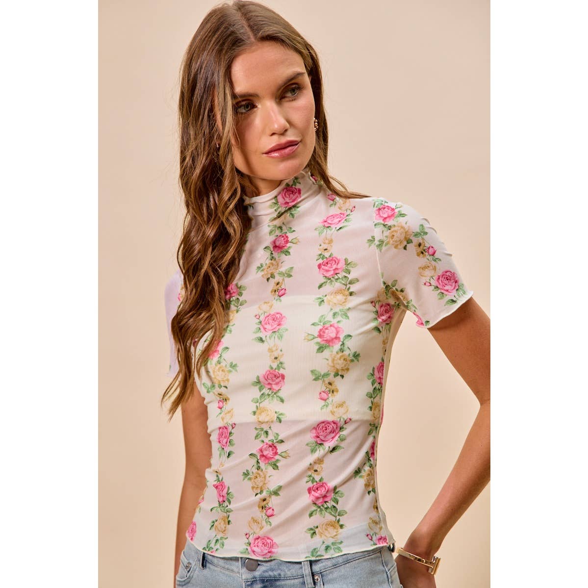 FLORAL ROSE PRINT SHORT SLEEVES MESH TOP