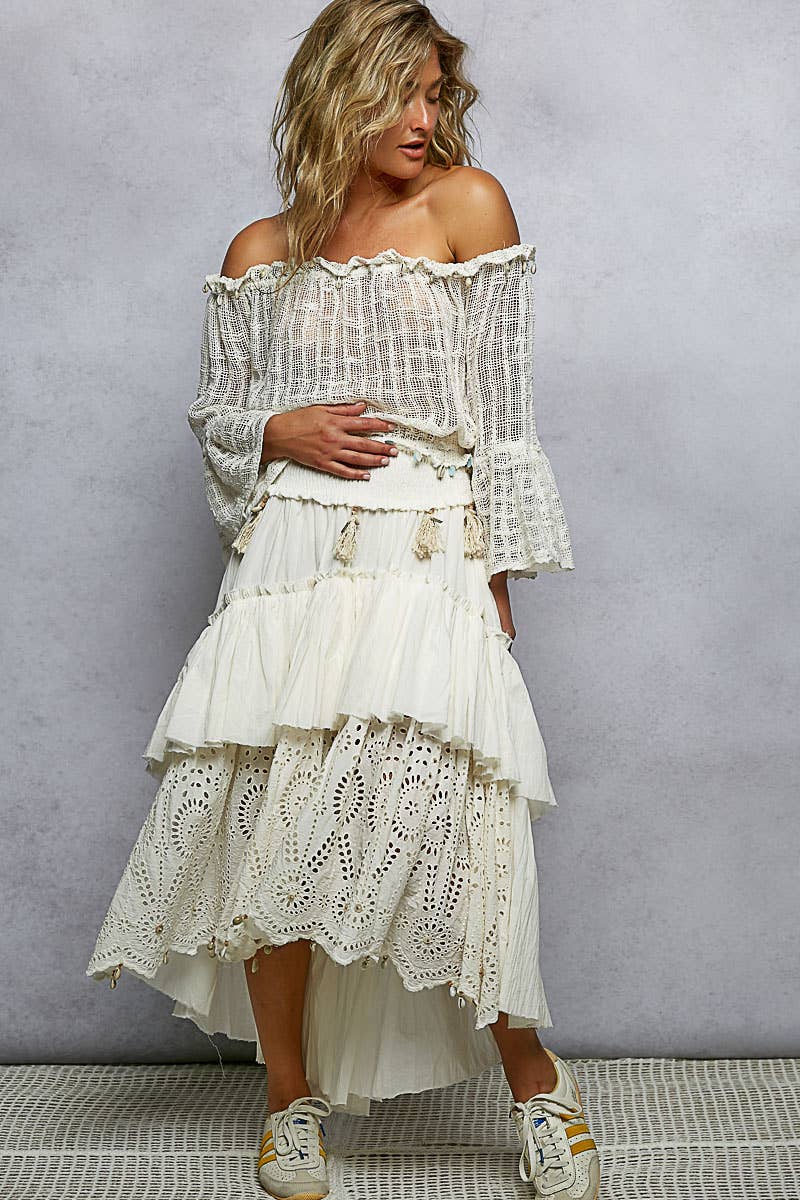 Eyelet Patch Reverse Ruffle Tassel Solid Maxi Skirt