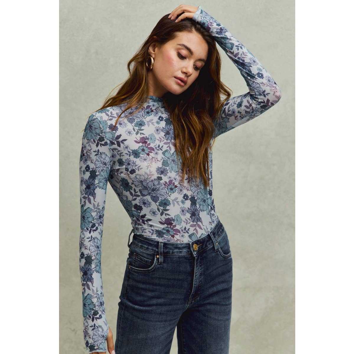FLORAL PRINT MESH KNIT LONG SLEEVES TOP