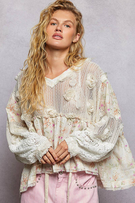 Eyelet Ruffle Balloon Sleeve Top