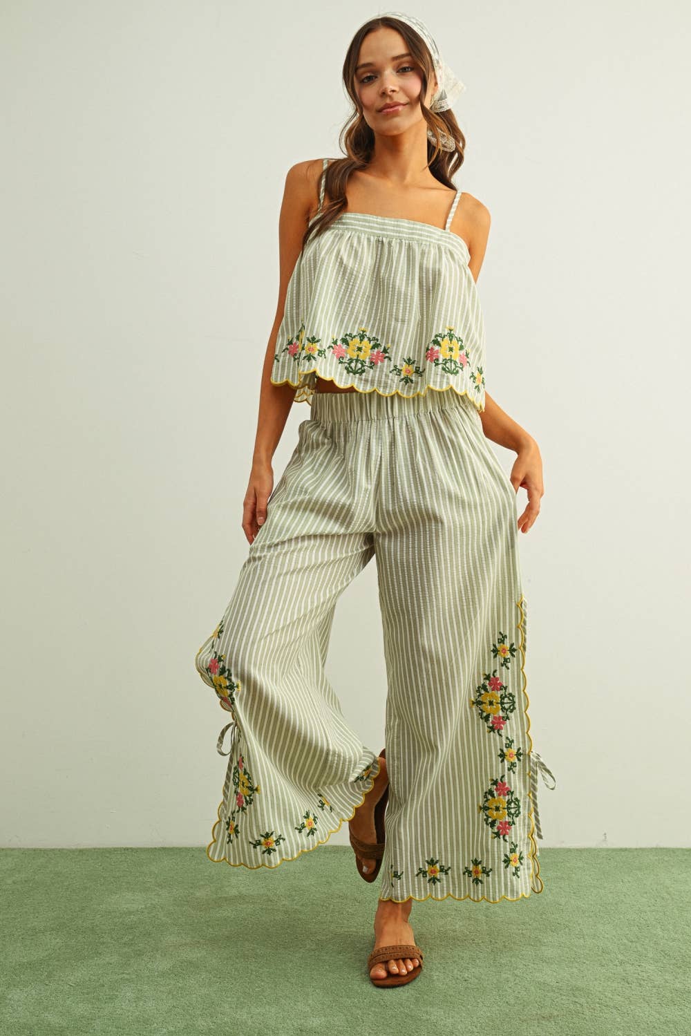 FLORAL EMBROIDERY WITH STRIPED TOP