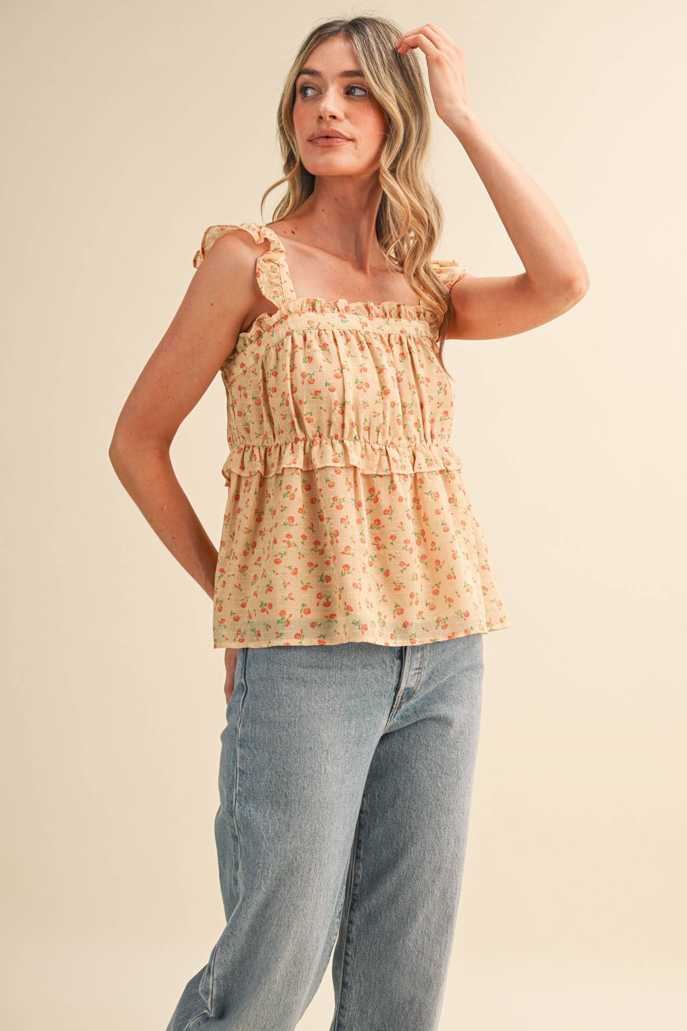 FLORAL RUFFLE TRIM BABYDOLL TOP
