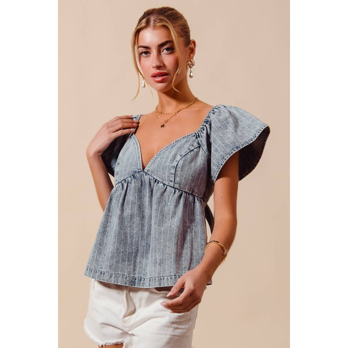 WASHED STRIPE DENIM BABYDOLL TOP