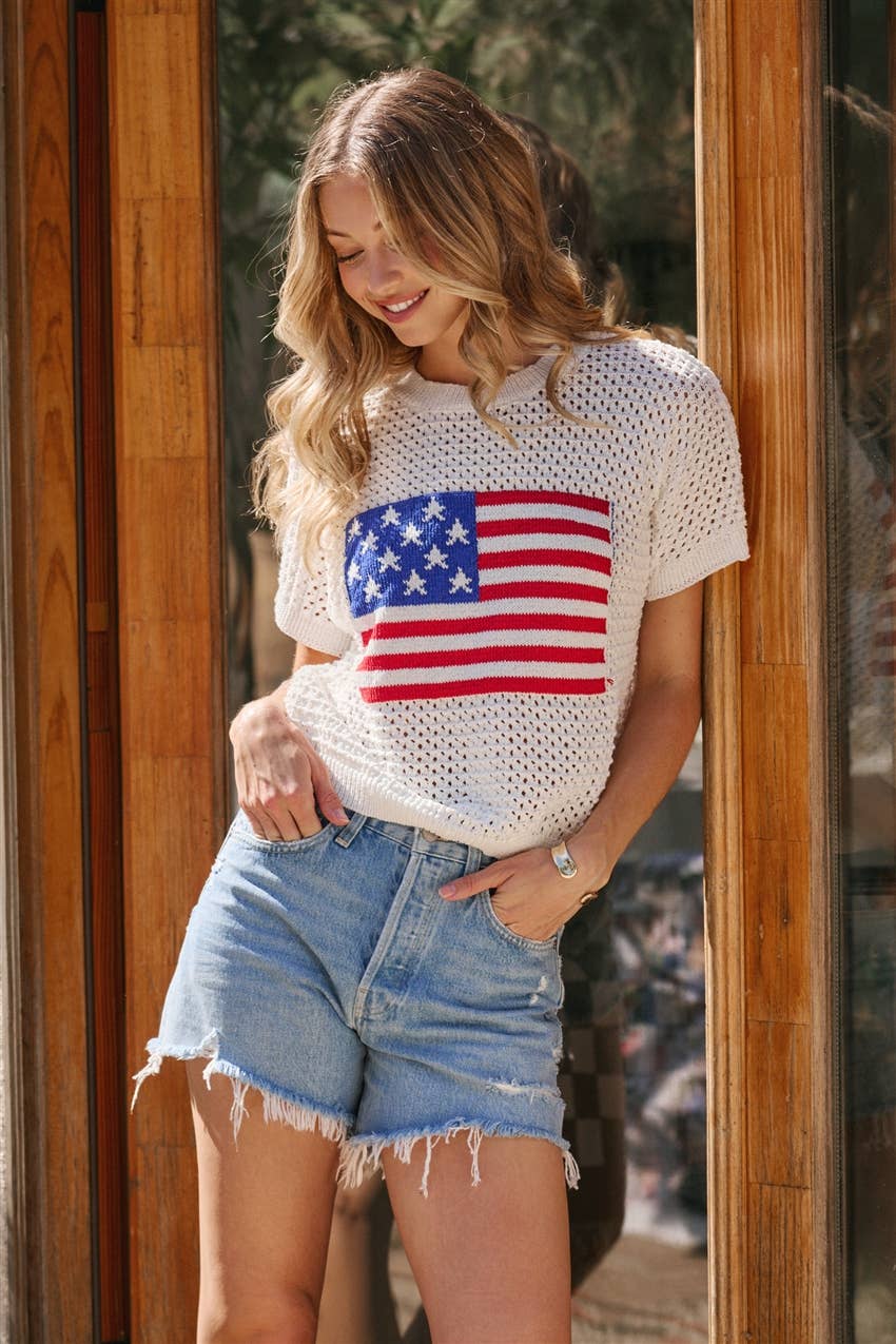 AMERICAN FLAG 4TH OF JULY LOW GAUGE SWEATER TOP
