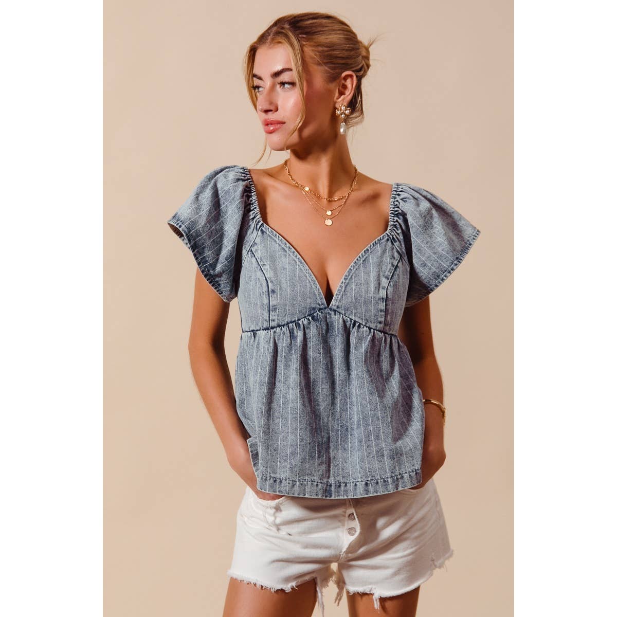 WASHED STRIPE DENIM BABYDOLL TOP