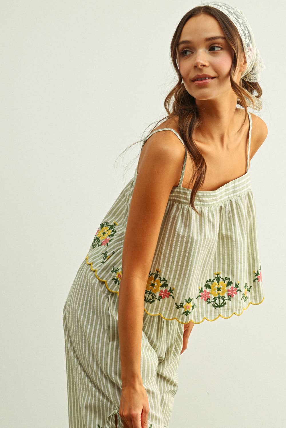 FLORAL EMBROIDERY WITH STRIPED TOP