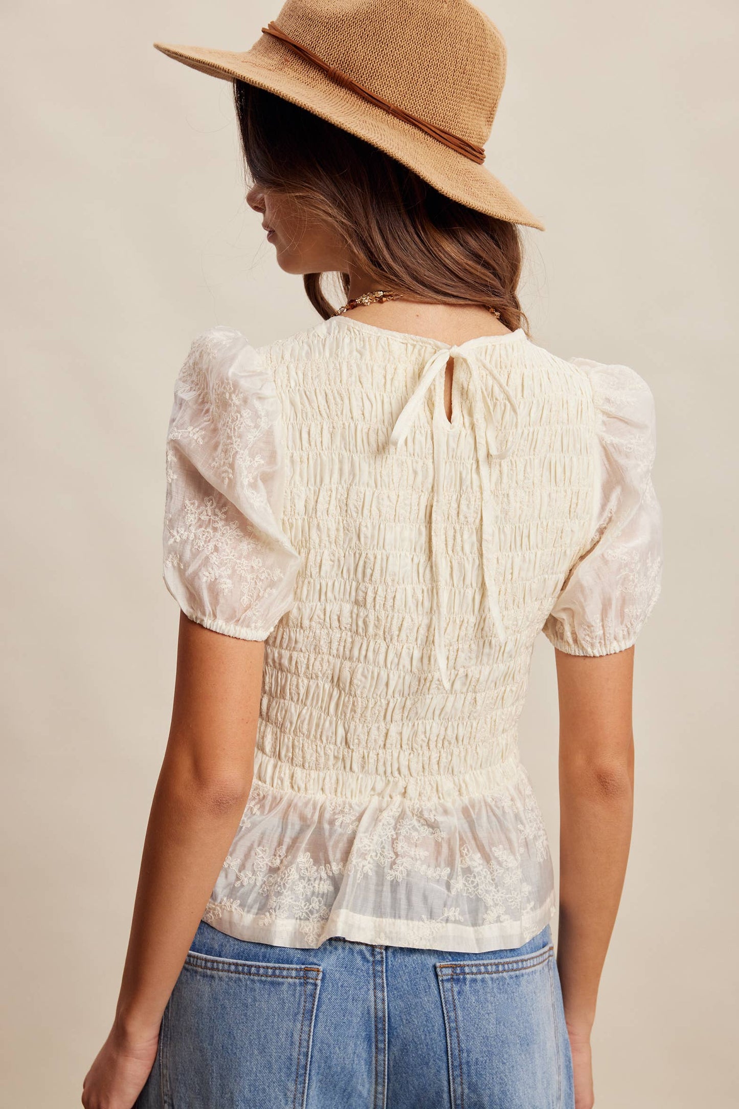 Smocked Lace Puff Sleeve Top