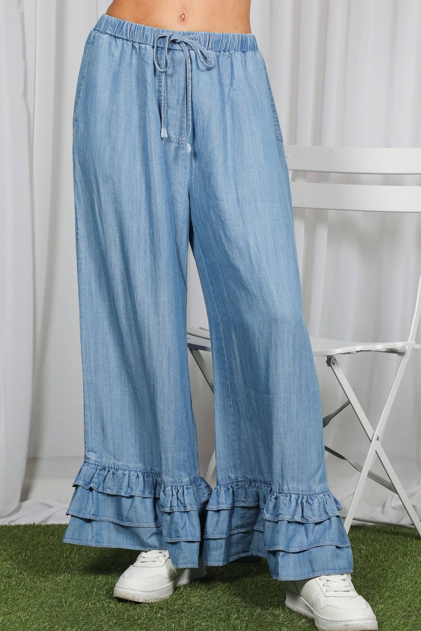 Casual Flared Ruffle Hem Chambray Washed Denim Pants