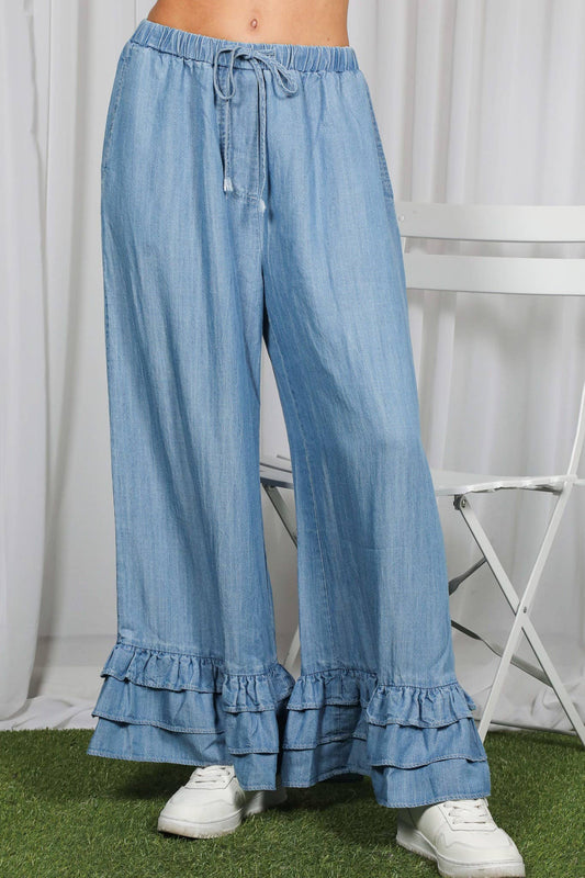 Casual Flared Ruffle Hem Chambray Washed Denim Pants